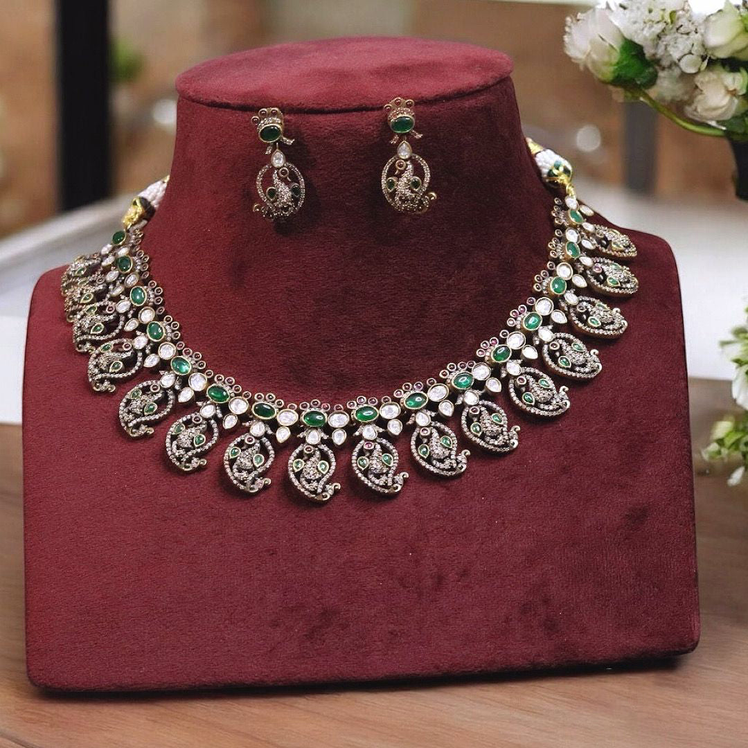 Duck Inspired Green Choker Matching Earrings Indian Jewelry Set, Duck Design Indian Jewelry Set, Green Bridal Choker Set, Bollywood Green Jewelry Set