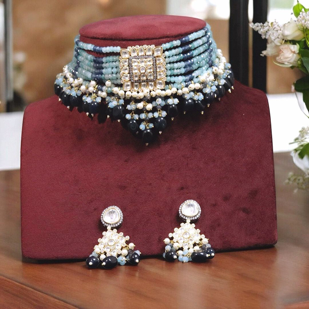 Multi Stranded Accents Beaded Choker Indian Jewelry Set, Indian Beaded Choker Set, Wedding Jewelry Set, Pakistani Jewelry Set, Traditional Choker Set