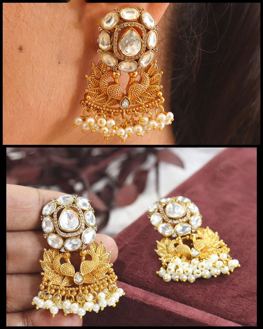 Indian Golden Floral Wedding Polki Earrings Set, Indian Golden Floral Jewelry Set, Pakistani Floral Earrings Set, Rajsthani Floral Jewelry Set