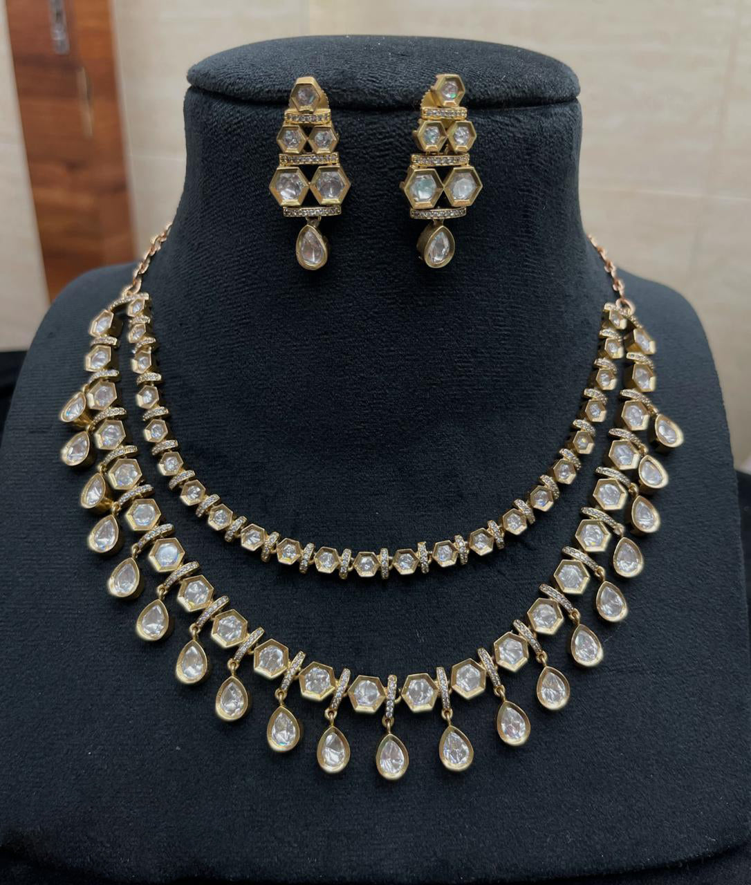 Indian Layered Statement AD Necklace Earrings Set, Indian CZ Statement Jewelry Set, Pakistani AD Necklace Set, Bridal AD Jewelry Set