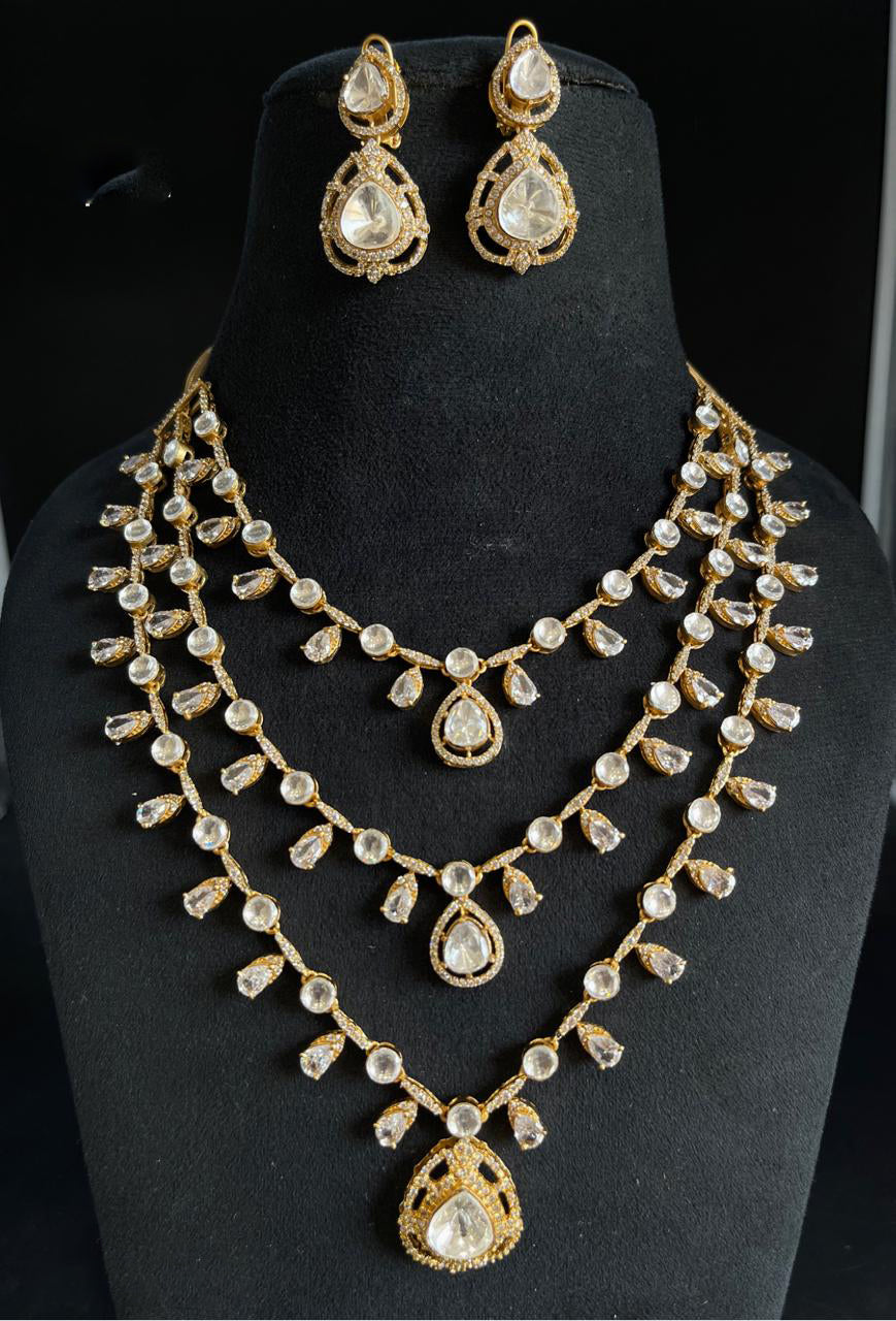 Tripple Layer Gold Plated Jaipuri Polki Necklace Set, Layered Polki Rajsthani Necklace Set, Gold Plated Indian Jewelry Set, Bollywood Layer Polki Necklace Set, Celebtiry Multi Layer Jewelry Set, Indian Layer Jewelry Set