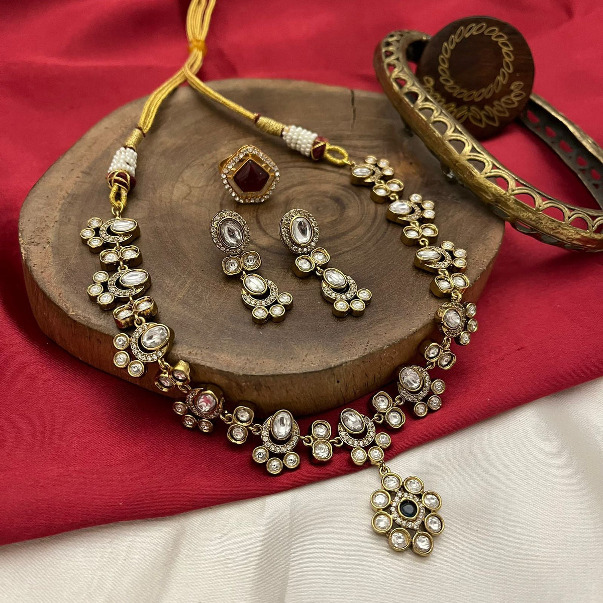 Jaipuri Pearl Beaded Kundan Necklace Earrings Set, Rajsthani Pearl Necklace Set, Jaipuri Kundan Jewelry Set, Indian Kundan Beaded Necklace Jewelry Set