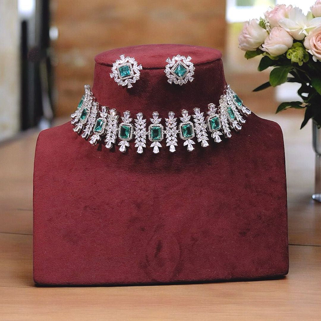 Celebrity Inspired AD Choker Earrings Indian Jewelry Set, Punjabi Choker Earrings Set, Pakistani CZ Choker Set, Bridal Indian Jewelry Set