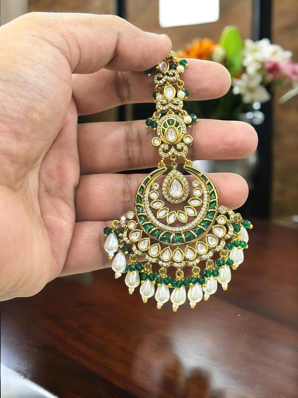 Green & Gold Plated Kundan Maang Tikka with Pearls | Bridal & Festive Hair Jewelry