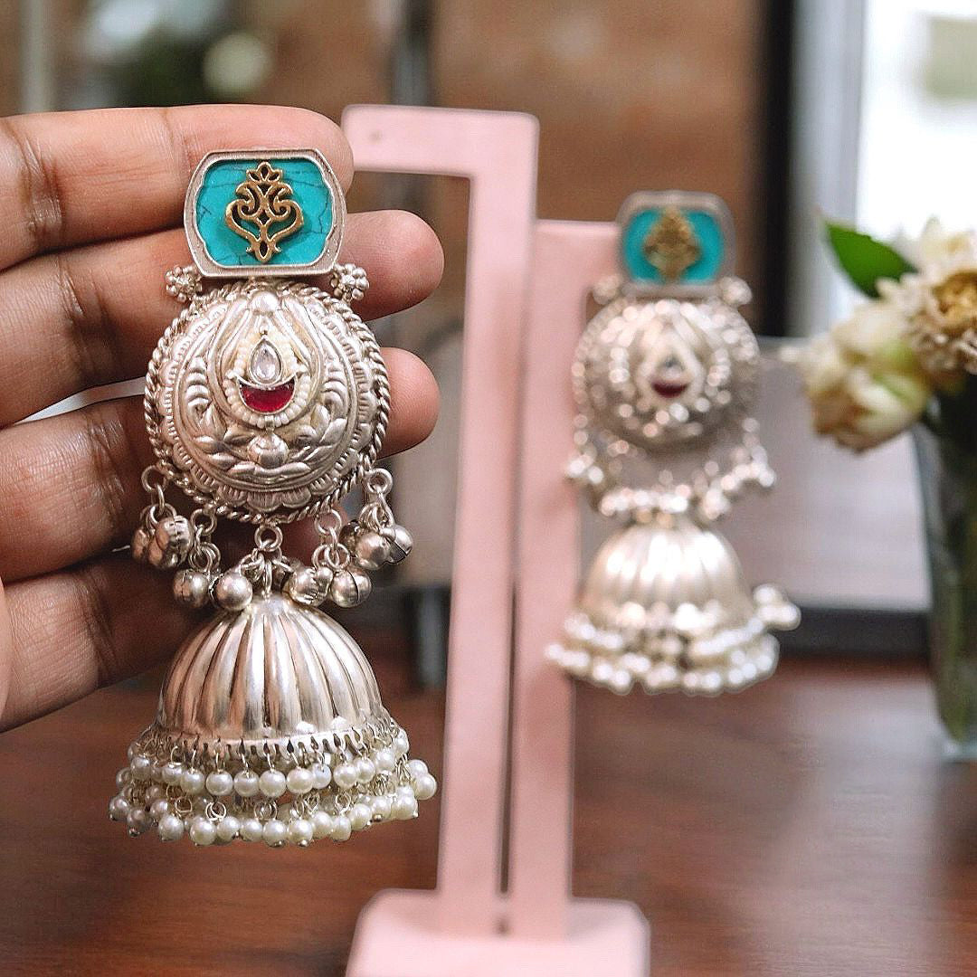 Jaipuri Silver Plated Kundan Jhumki Earrings Set, Indian Bridal Kundan Jhumki Set, Pakistani Silver Plated Earrings Set, Bollywood Kundan Jewelry Set