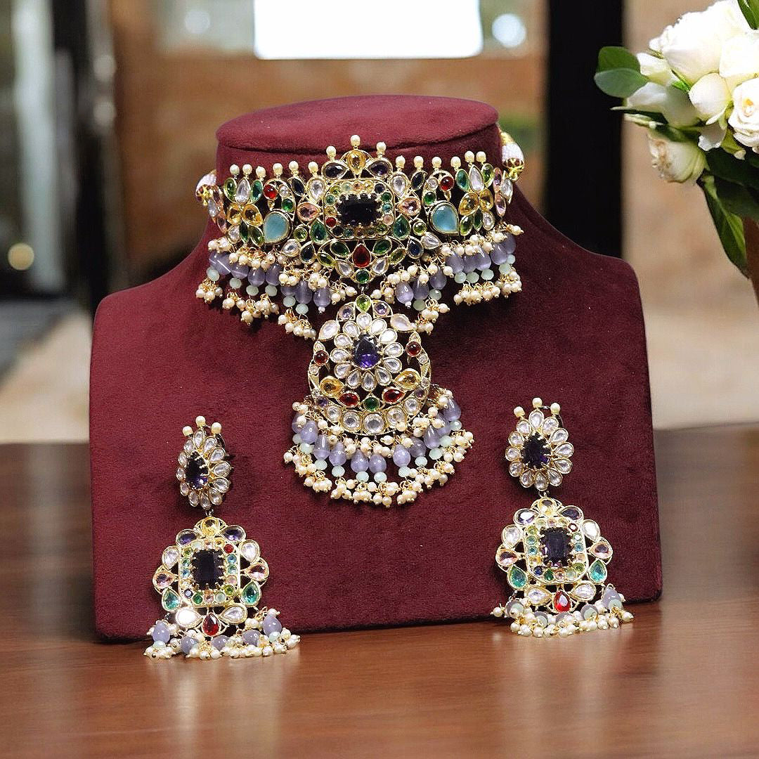 Nature Inspired Polki Choker Earrings Indian Jewelry Set, Bollywood Floral Polki Choker Set, Celebrity Polki Choker Earrings Set