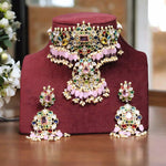 Nature Inspired Polki Choker Earrings Indian Jewelry Set, Bollywood Floral Polki Choker Set, Celebrity Polki Choker Earrings Set