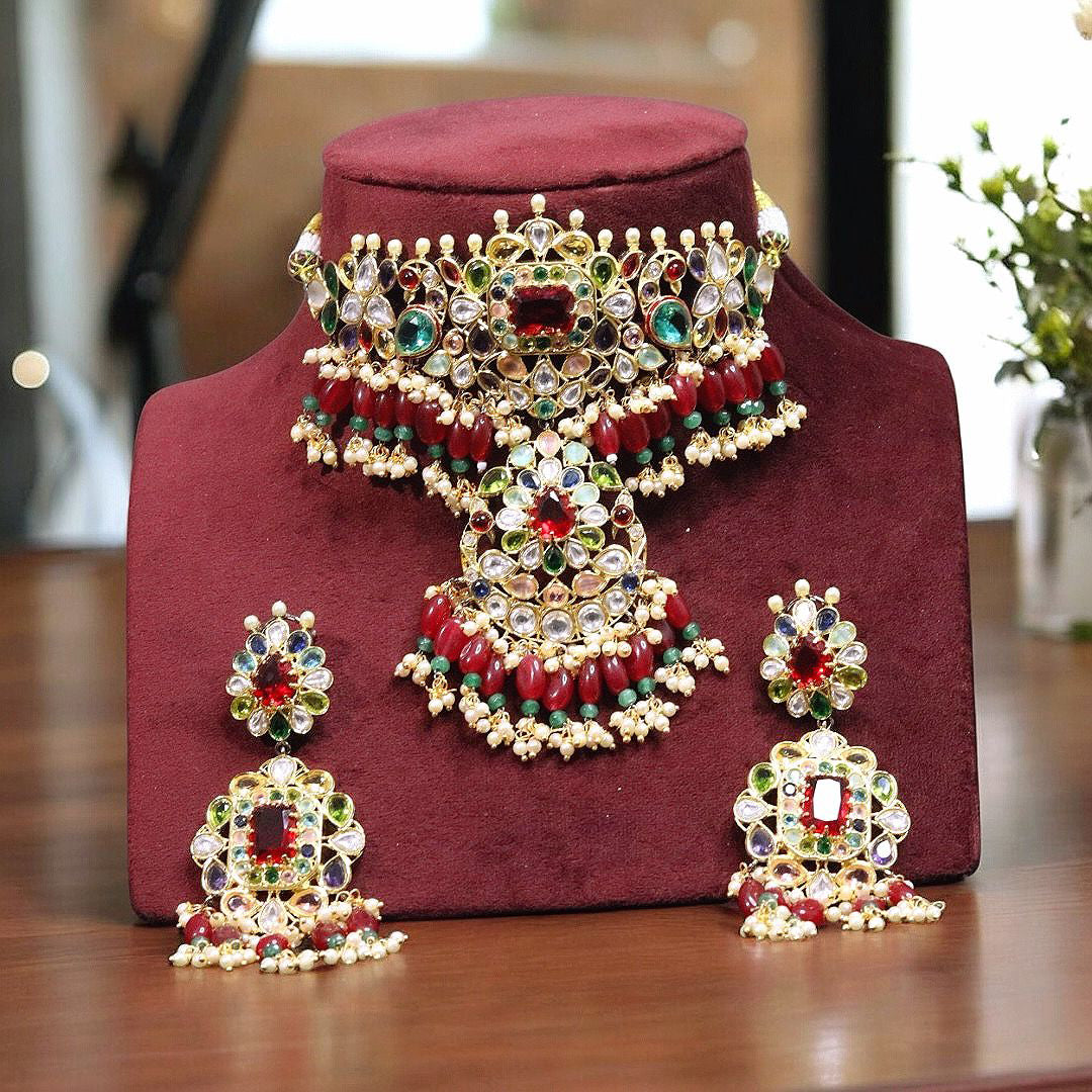 Nature Inspired Polki Choker Earrings Indian Jewelry Set, Bollywood Floral Polki Choker Set, Celebrity Polki Choker Earrings Set