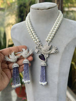 Bird Motif Purple Gemstone Beaded Necklace Tassel Earrings Set, Indian Bird Inspired Necklace Set, Silver Purple Nature Inspired Jewlery Set