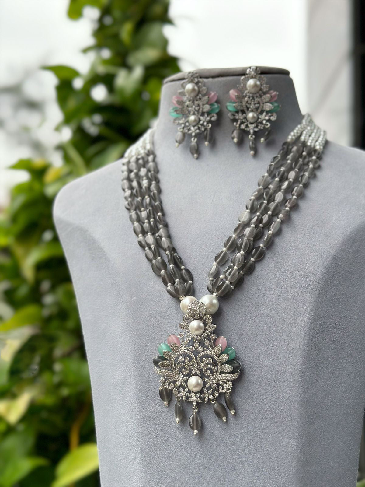 Classic Multi Strand Indian Polki Necklace Earrings Set, Indian Polki Jewelry, Traditional Multi Strand Polki Necklace Set