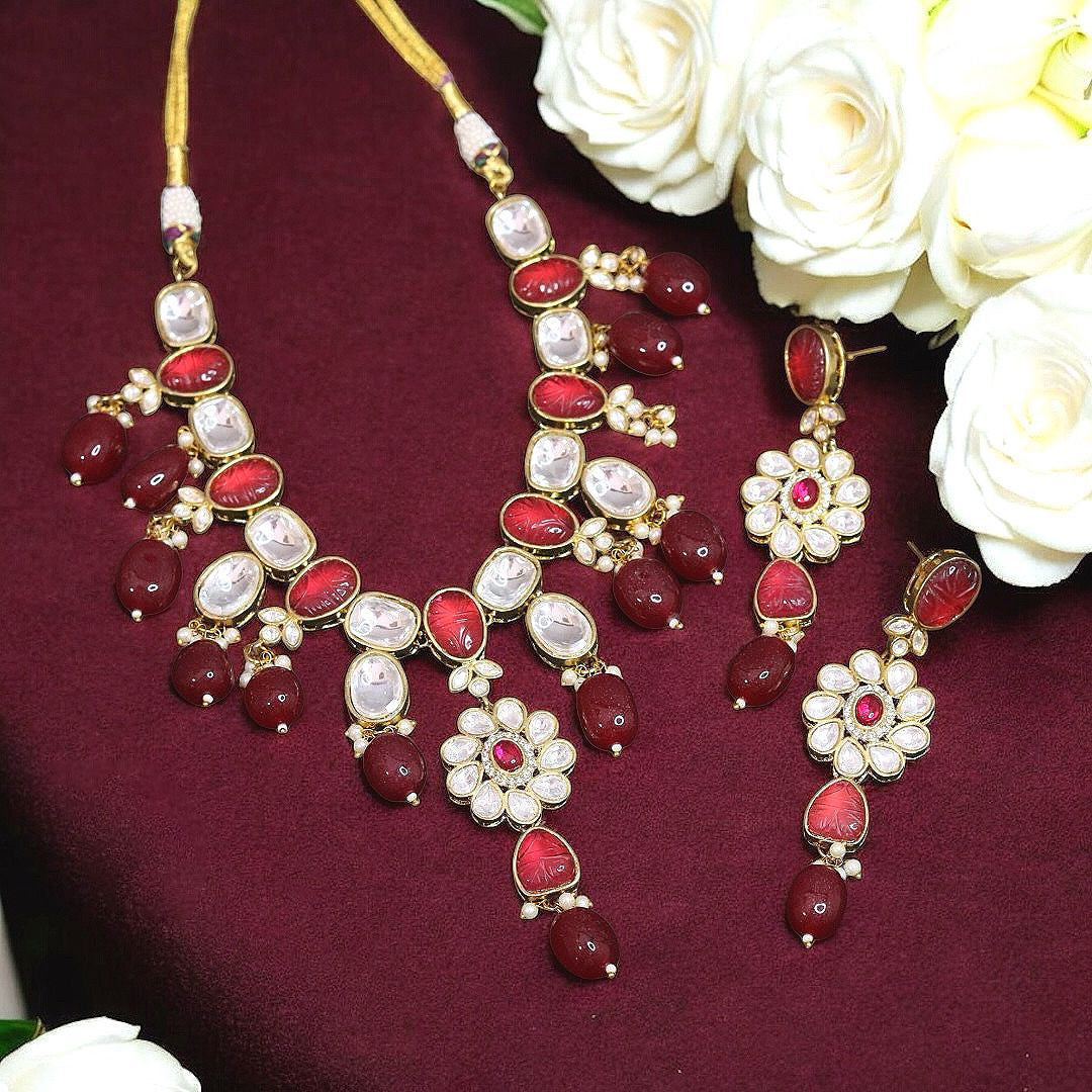 Indian Traditional Floral Polki Necklace Earrings Set, Rajsthani Ethnic Floral Necklace Set, Jaipuri Polki Jewelry Set