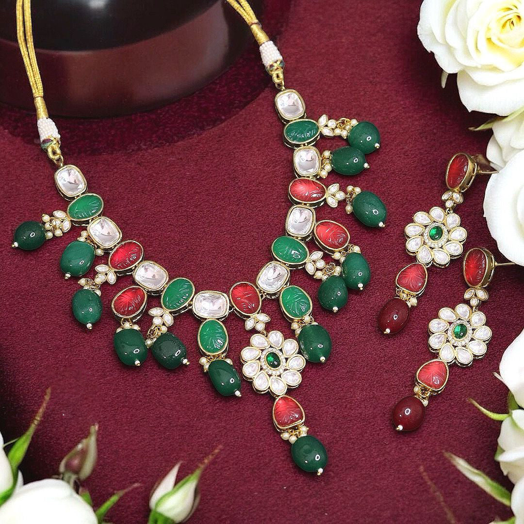 Indian Traditional Floral Polki Necklace Earrings Set, Rajsthani Ethnic Floral Necklace Set, Jaipuri Polki Jewelry Set