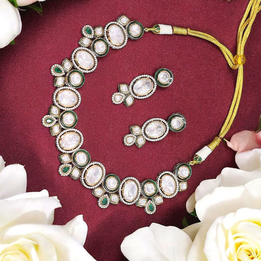 Luxe Bollywood Inspired Polki Choker Earrings Set, Stylish Celebrity Polki Jewelry Set, Indian Polki Choker Set, Bridal Polki Jewelry Set, Pakistani Polki Jewelry Set