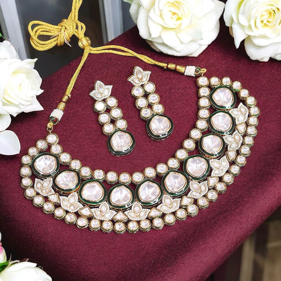 Bollywood Design Polki Stone Beaded Choker Earrings Set, Bollywood Inspired Polki Beaded Jewelry Set, Indian Celebrity Polki Choker Set