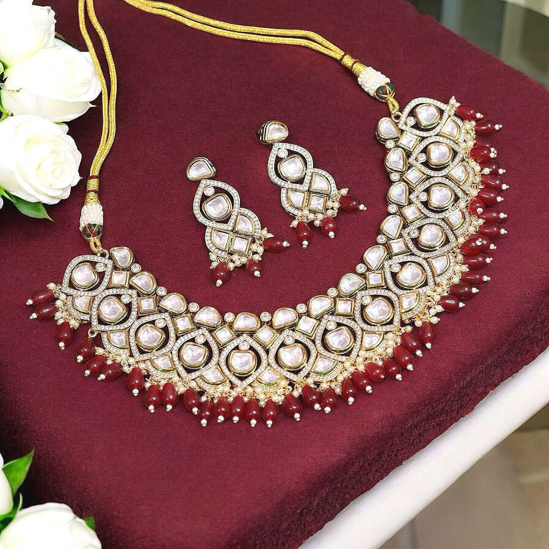 Red Stone Beaded Polki Choker Earrings Indian Jewelry Set, Pakistani Red Polki jewelry Set, Wedding Jewelry Set, Bollywood Polki Jewelry Set