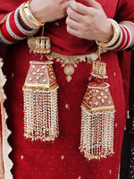 Golden Pink Indian Temple Inspired Haathphool Set, Indian Golden Kaleere Set, Layered Golden Kaleere Set, Rajsthani Kaleere Jewelry