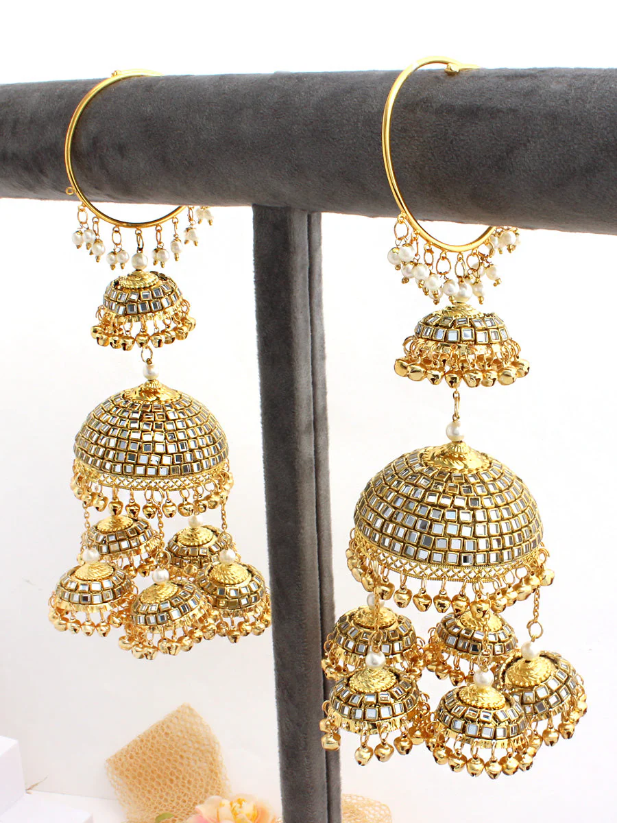 Multi Layer Mirror Worked Jhumki Design Kalire Jewelry, Mirror Multi Layered Haathphool Set, Indian Layer Golden Kaleere Set, Pakistani Golden Kaleere Set