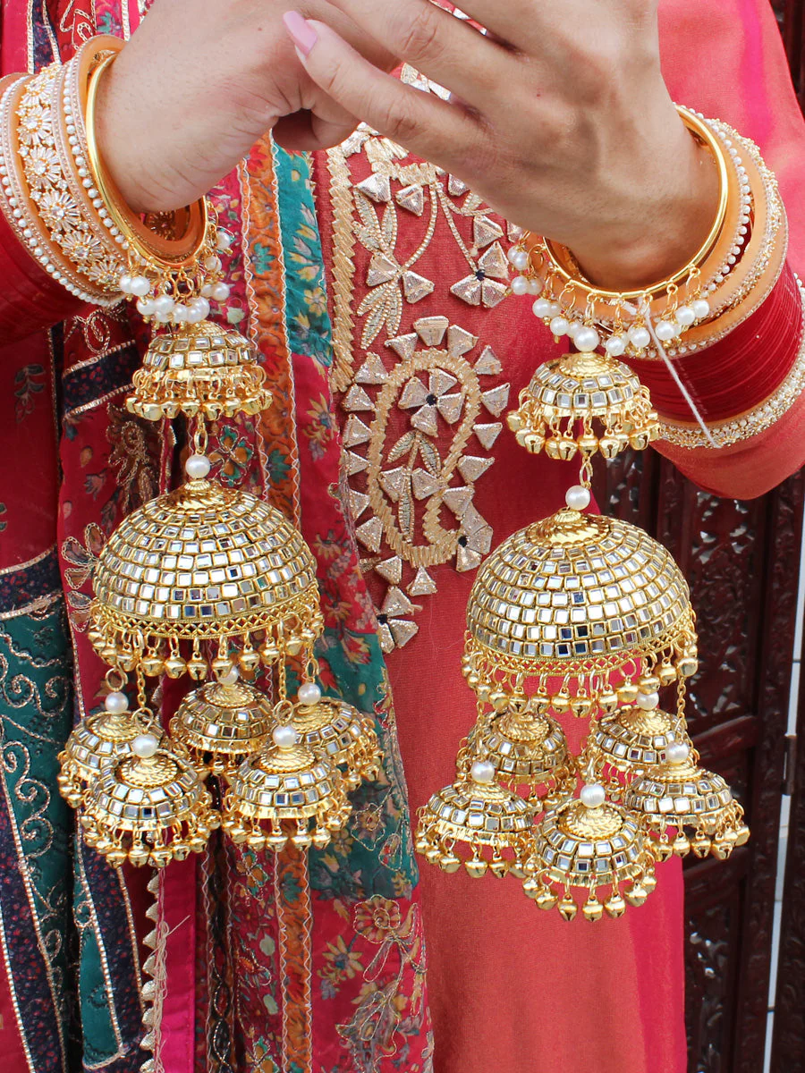 Multi Layer Mirror Worked Jhumki Design Kalire Jewelry, Mirror Multi Layered Haathphool Set, Indian Layer Golden Kaleere Set, Pakistani Golden Kaleere Set