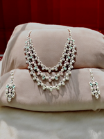 Pakistani Silver Tripple Layer Kundan Necklace Earrings Set, Pakistani Silver Multi Layer Pearl Necklace Set, Indian Silver Layered Kundan Jewelry Set, Rajsthani Kundan Necklace Set