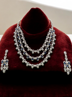 Pakistani Silver Tripple Layer Kundan Necklace Earrings Set, Pakistani Silver Multi Layer Pearl Necklace Set, Indian Silver Layered Kundan Jewelry Set, Rajsthani Kundan Necklace Set