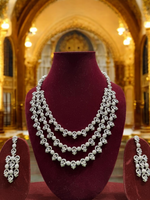 Pakistani Silver Tripple Layer Kundan Necklace Earrings Set, Pakistani Silver Multi Layer Pearl Necklace Set, Indian Silver Layered Kundan Jewelry Set, Rajsthani Kundan Necklace Set