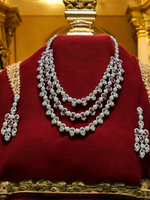 Pakistani Silver Tripple Layer Kundan Necklace Earrings Set, Pakistani Silver Multi Layer Pearl Necklace Set, Indian Silver Layered Kundan Jewelry Set, Rajsthani Kundan Necklace Set