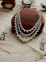 Pakistani Silver Tripple Layer Kundan Necklace Earrings Set, Pakistani Silver Multi Layer Pearl Necklace Set, Indian Silver Layered Kundan Jewelry Set, Rajsthani Kundan Necklace Set