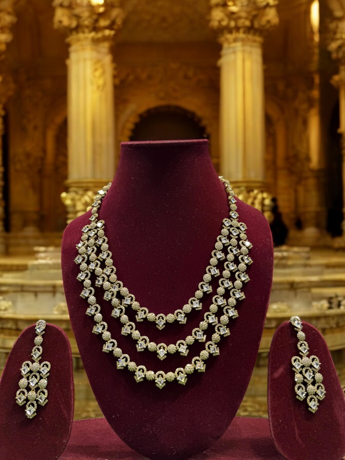 Rajsthani Golden Multi Layer Kundan Necklace Earrings Set, Jaipuri Golden Layered Pearl Necklace Set, Indian Gold Layered Kundan Jewelry Set, Indian Kundan Necklace Set