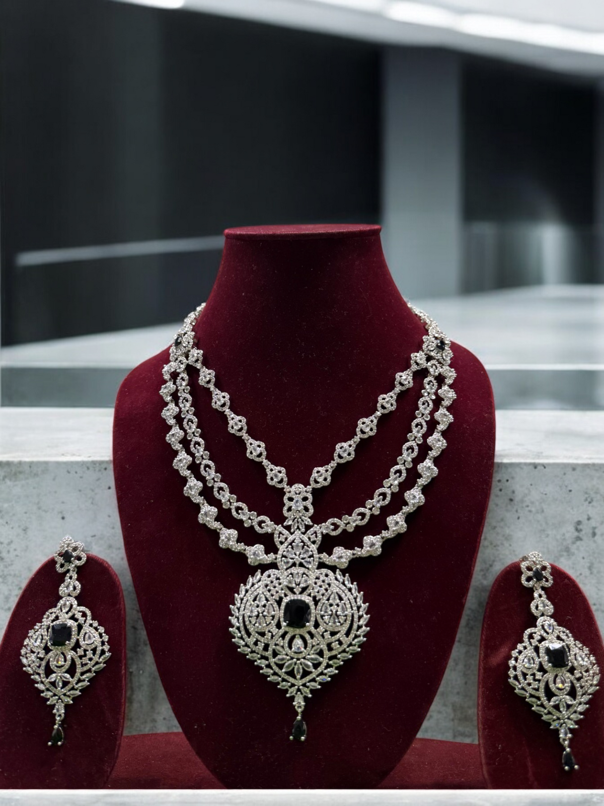 Three Layered Indian Sparkling AD Necklace Earring Set, CZ Layer Necklace Set, Multi Layer AD Jaipuri Necklace Jewelry Set, CZ Layer Jewelry Set