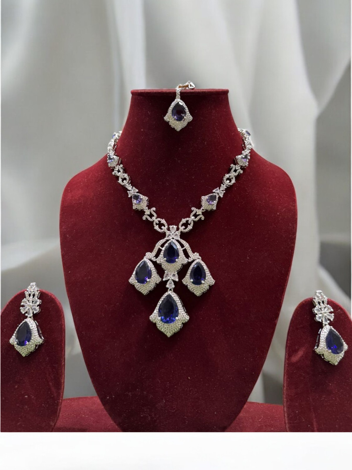 Indian Classic Silver CZ Necklace Earrings Maangtika Set, Pakistani Silver AD Necklace Set, Bollywood AD Jewelry Set, Celebrity Inspired CZ Necklace Set, WEdding AD Jewelry Set