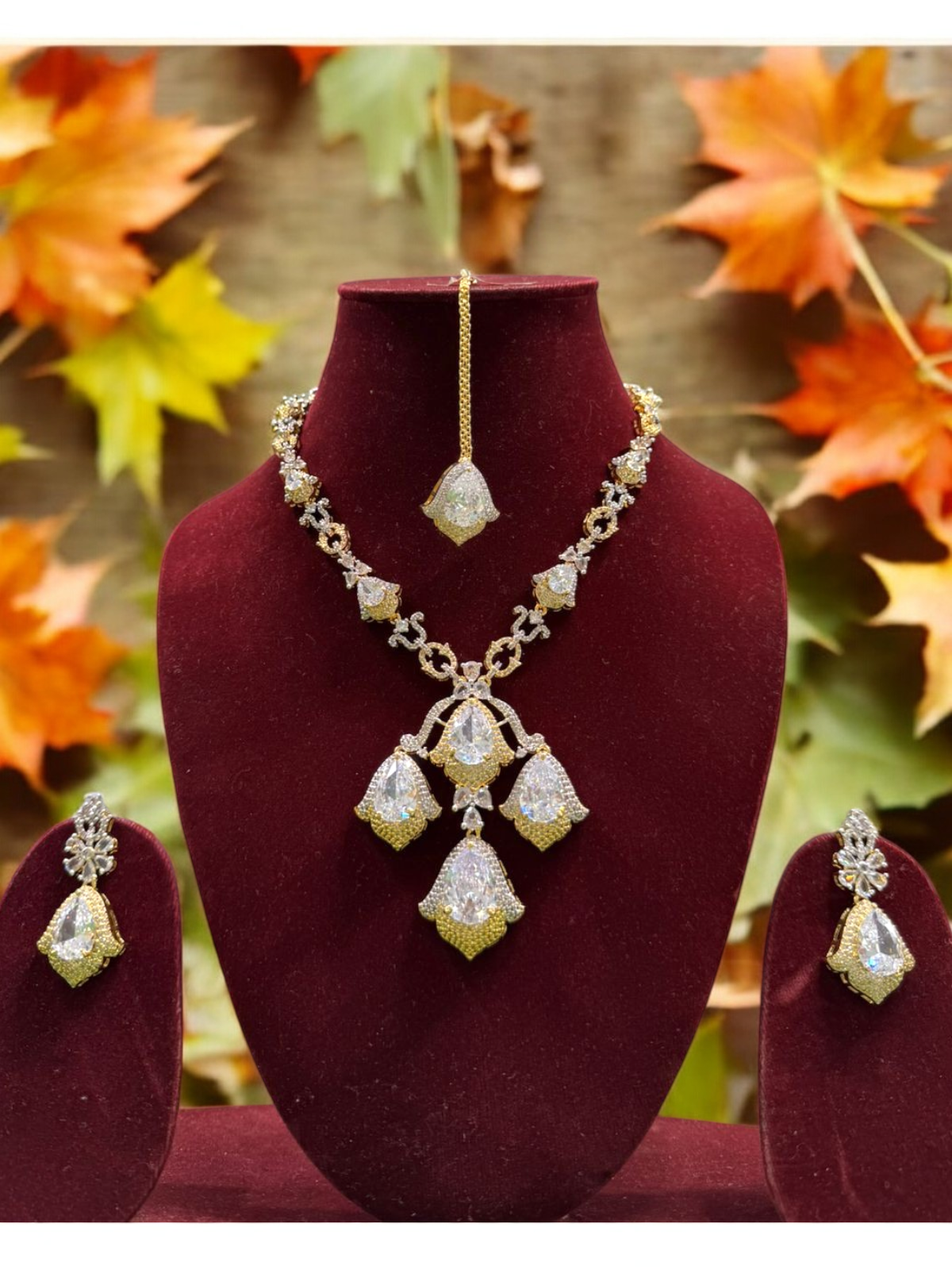 Bollywood Gold Plated AD Necklace Earrings Maangtika Set, Indian Gold Plated AD Necklace Set, Indian AD Jewelry Set, Bridal CZ Necklace Set