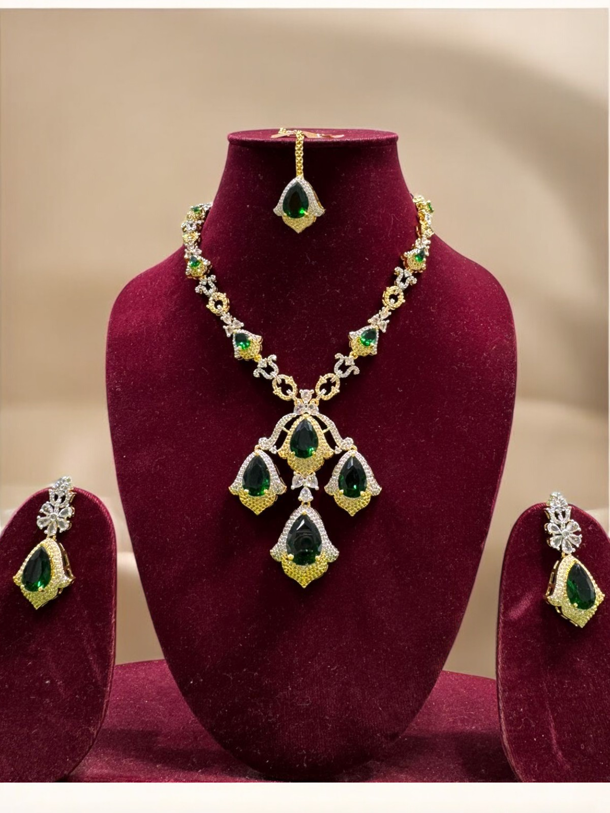 Bollywood Gold Plated AD Necklace Earrings Maangtika Set, Indian Gold Plated AD Necklace Set, Indian AD Jewelry Set, Bridal CZ Necklace Set