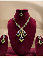 Bollywood Gold Plated AD Necklace Earrings Maangtika Set, Indian Gold Plated AD Necklace Set, Indian AD Jewelry Set, Bridal CZ Necklace Set