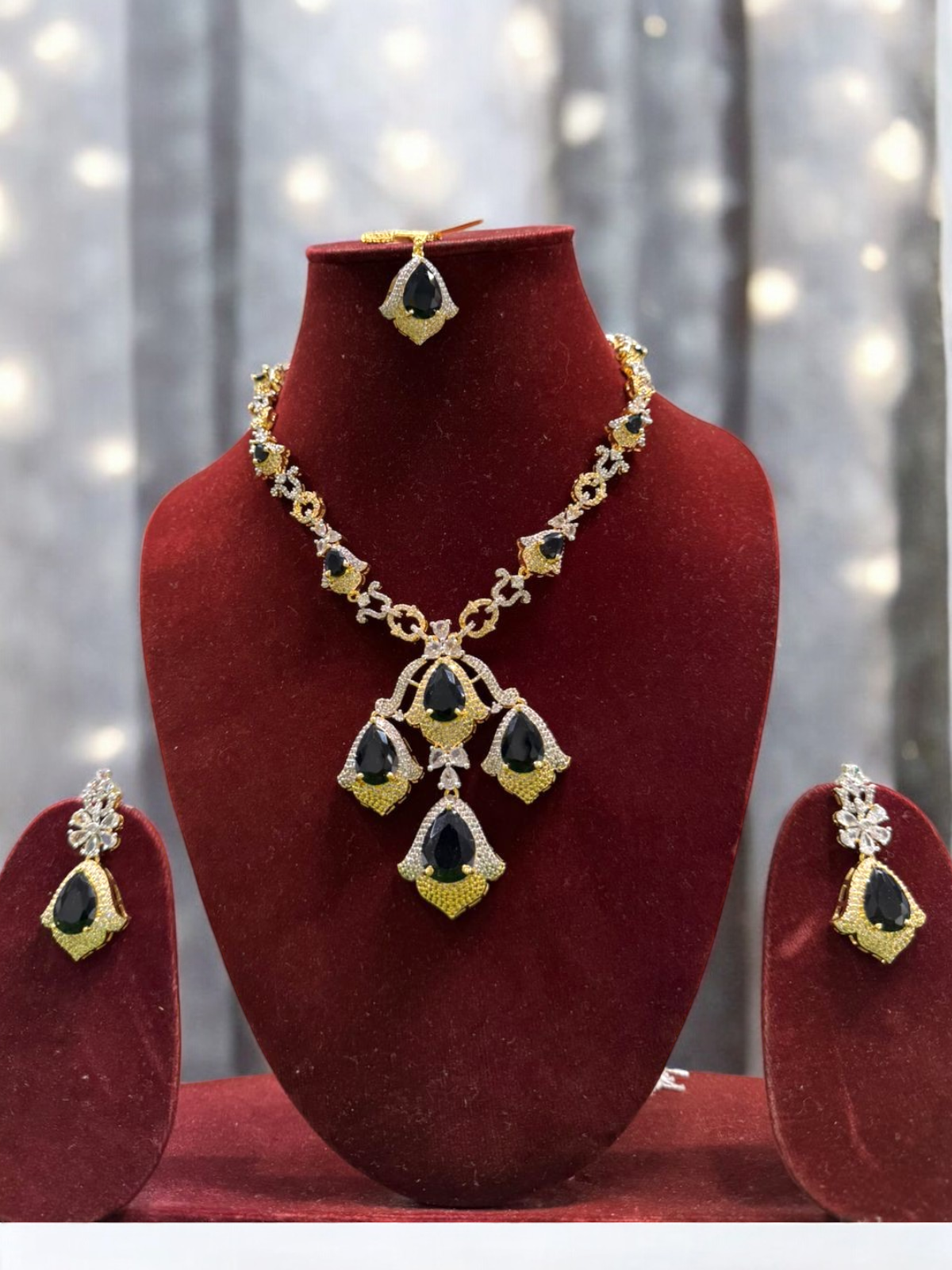 Bollywood Gold Plated AD Necklace Earrings Maangtika Set, Indian Gold Plated AD Necklace Set, Indian AD Jewelry Set, Bridal CZ Necklace Set