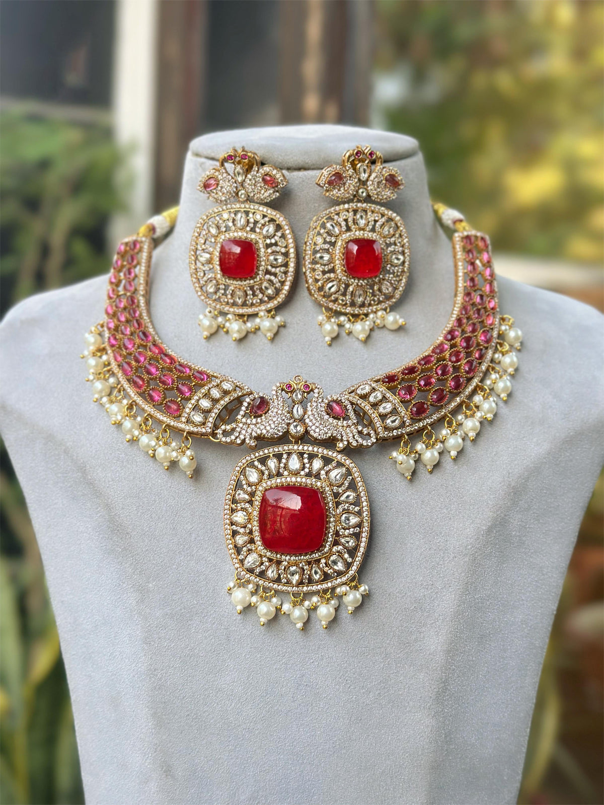 Jaipuri Moissanite Polki With Doublett Stones Necklace Earrings Set, Jaipuri Peacock Inspired Polki Necklace Set, Rajsthani Peacock Design Jewelry Set