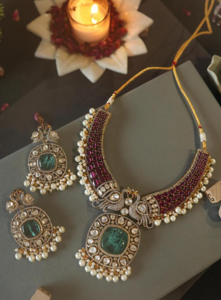 Jaipuri Moissanite Polki With Doublett Stones Necklace Earrings Set, Jaipuri Peacock Inspired Polki Necklace Set, Rajsthani Peacock Design Jewelry Set