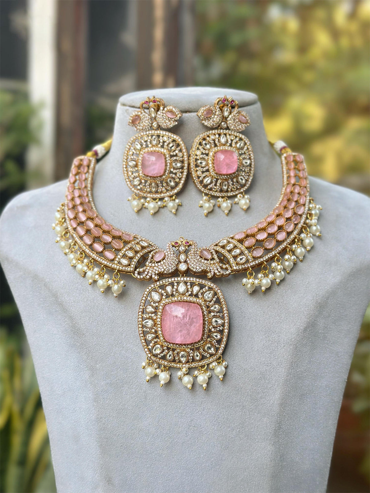 Jaipuri Moissanite Polki With Doublett Stones Necklace Earrings Set, Jaipuri Peacock Inspired Polki Necklace Set, Rajsthani Peacock Design Jewelry Set