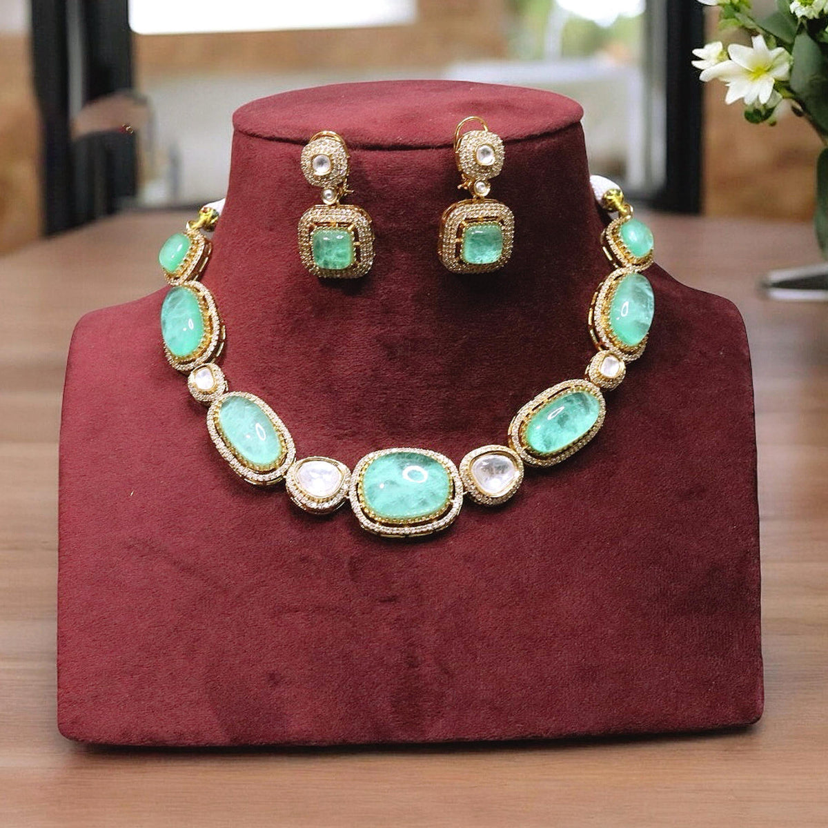 Madhuri Dixit Inspired Mint Polki Necklace Earrings Set
