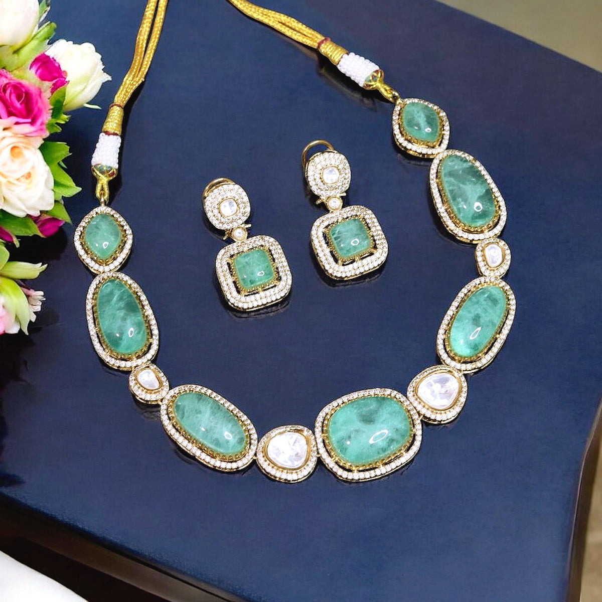 Madhuri Dixit Inspired Mint Polki Necklace Earrings Set