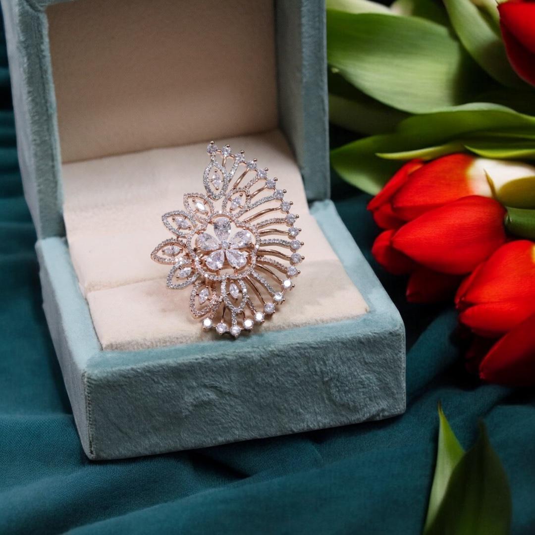 Floral Inspired American Diamond Wedding Ring Indian Jewelry Set