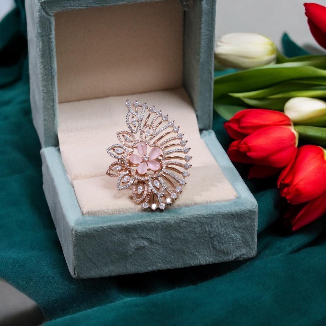 Floral Inspired American Diamond Wedding Ring Indian Jewelry Set