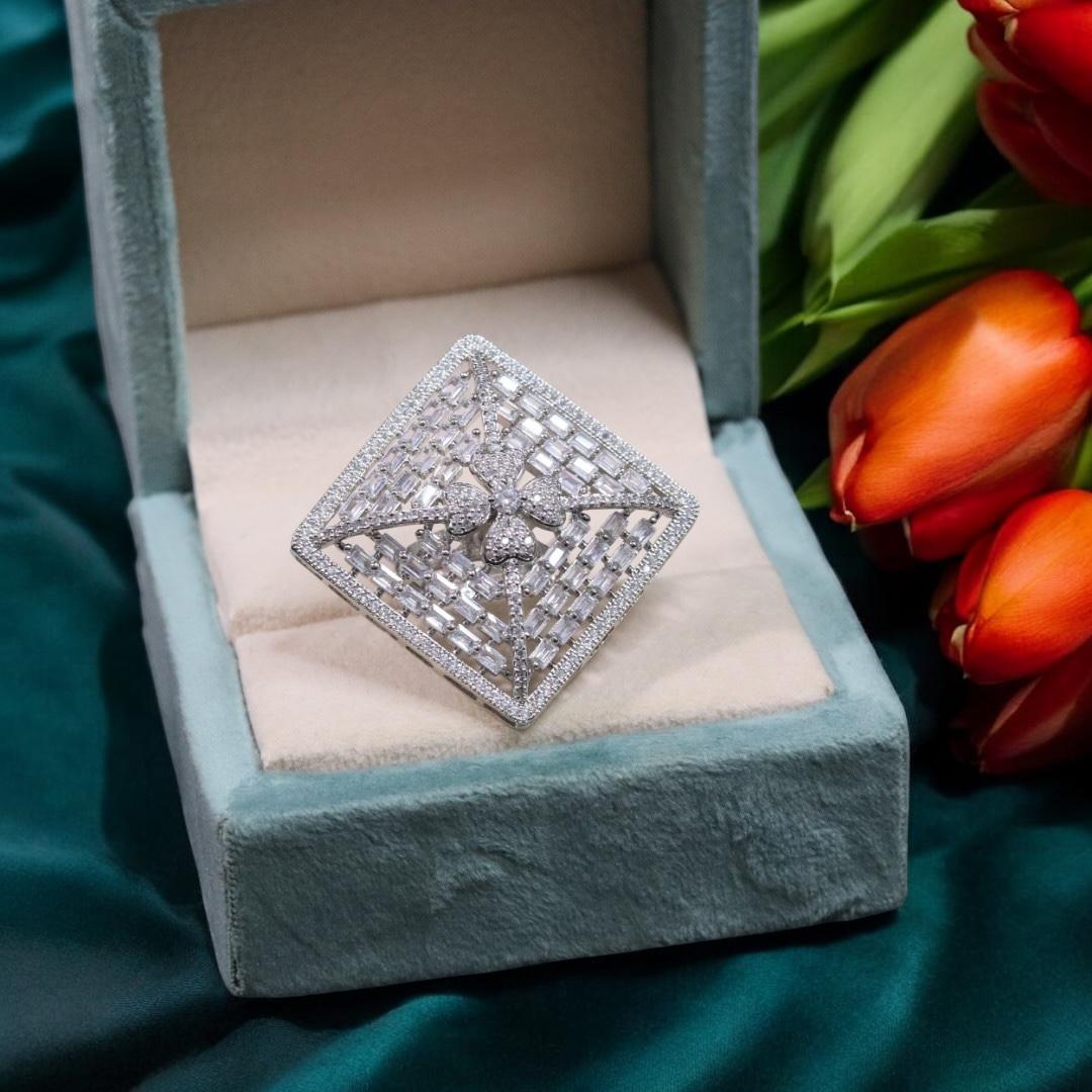 Square Floral Design Festive AD Ring For Ladies