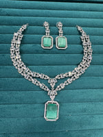 Punjabi Square Shaped Silver Plated CZ Necklace Earrings Set