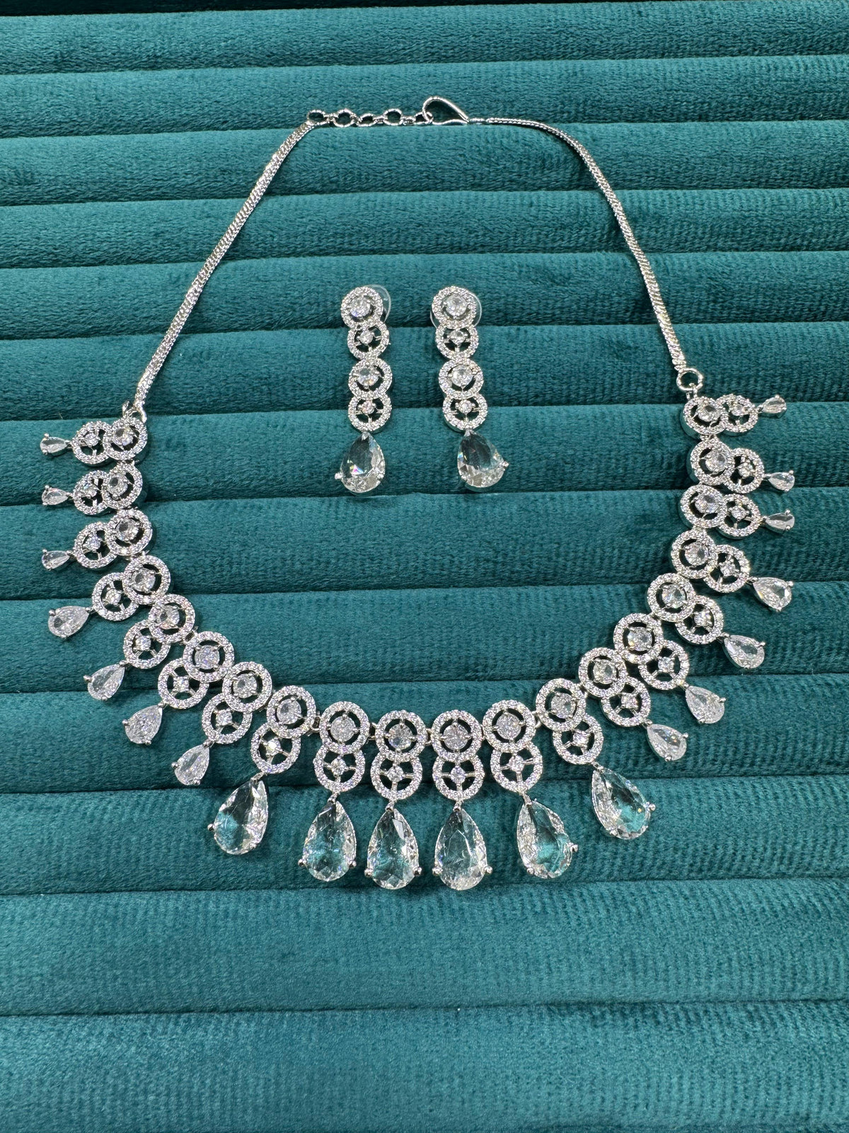 Bollywood Inspired AD Teardrop Silver Plated Necklace Set