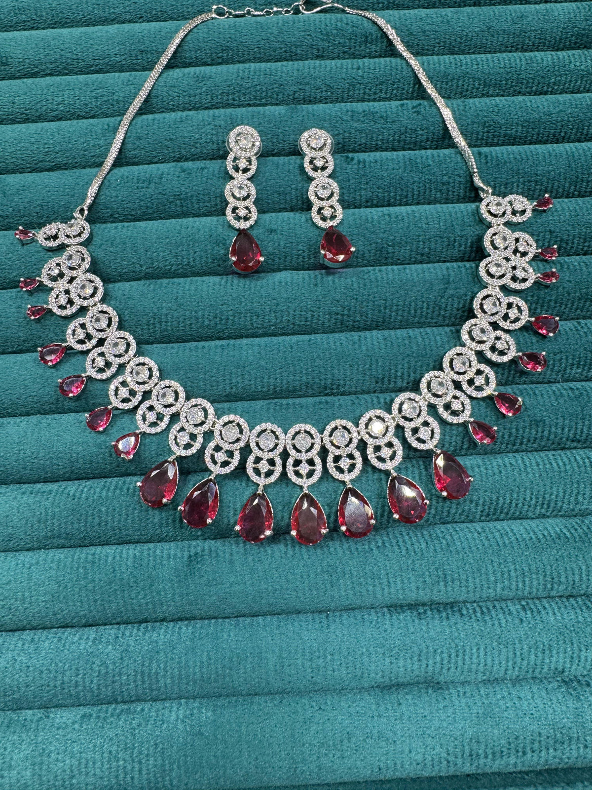 Bollywood Inspired AD Teardrop Silver Plated Necklace Set