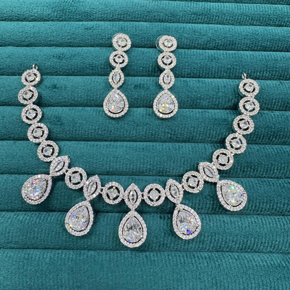 Pakistani CZ Silver Plated Wedding Necklace Earrings Set