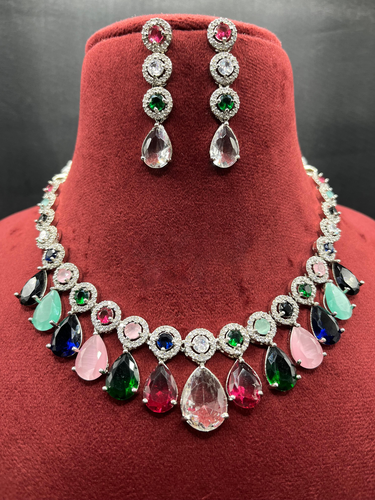 Indian Stylish AD Necklace Earrings Jewelry Set For Women