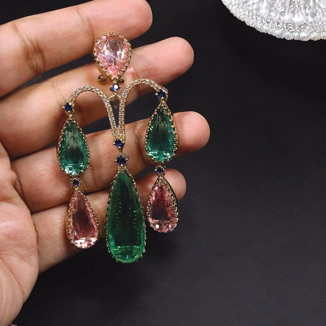 Bollywood Inspired Teardrop CZ Earrings Jewelry Set For Wedding