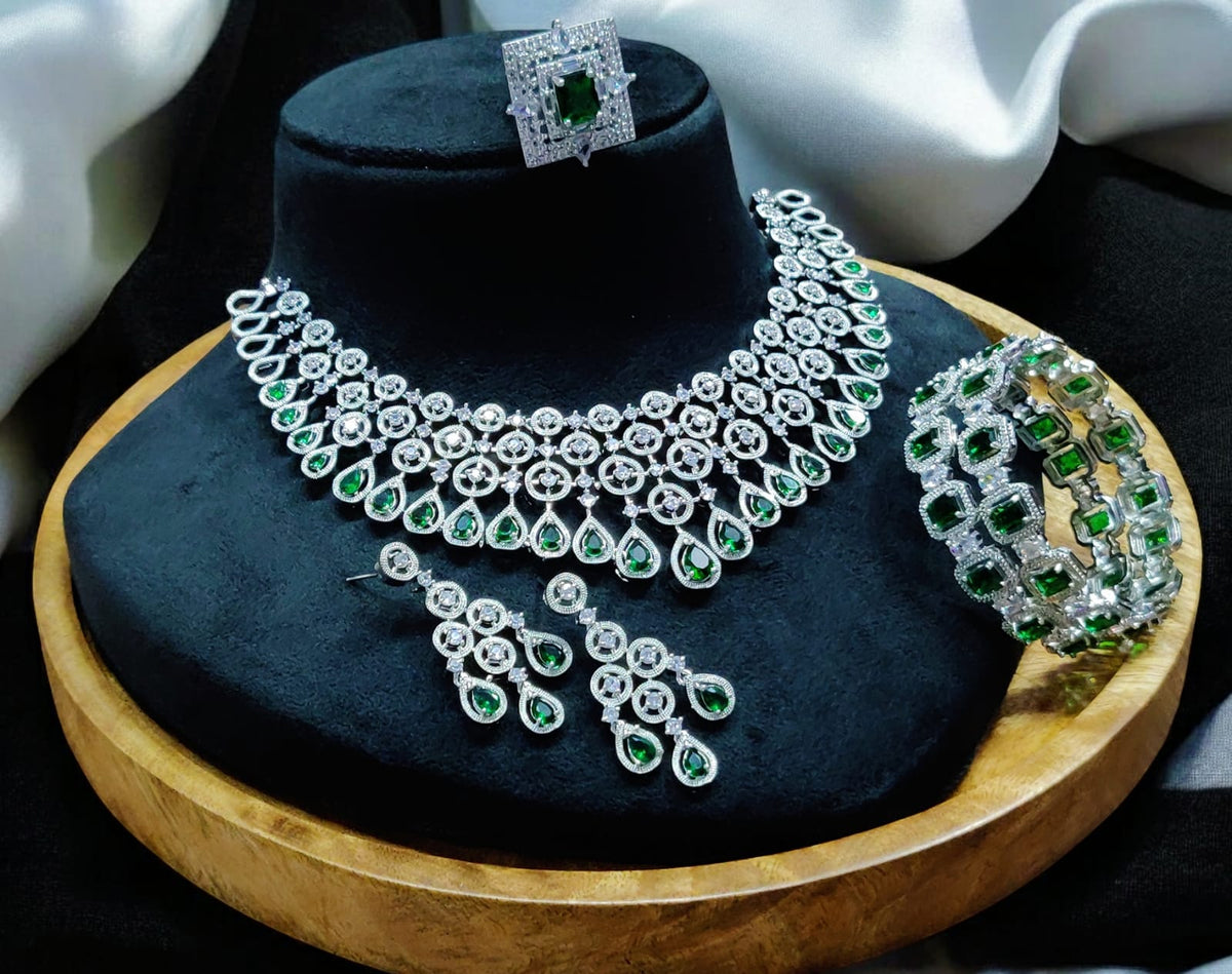 Stunning American Diamond Necklace Earrings Set with Bangles Ring, AD Necklace, AD Earrings Set, AD BAngles, AD Ring, Bridal CZ Jewelry Set, Indian AD Jewelry Set