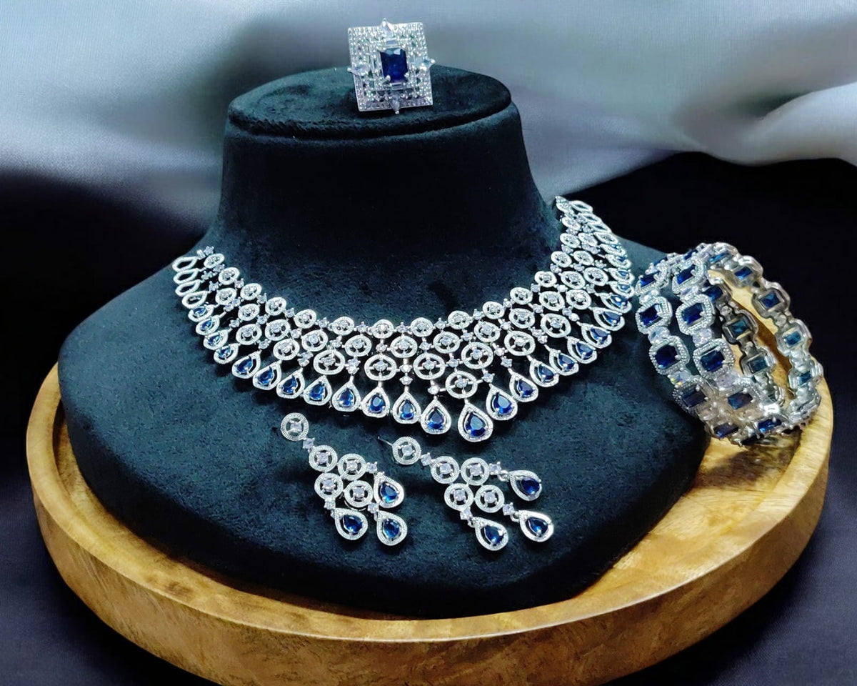 Stunning American Diamond Necklace Earrings Set with Bangles Ring, AD Necklace, AD Earrings Set, AD BAngles, AD Ring, Bridal CZ Jewelry Set, Indian AD Jewelry Set